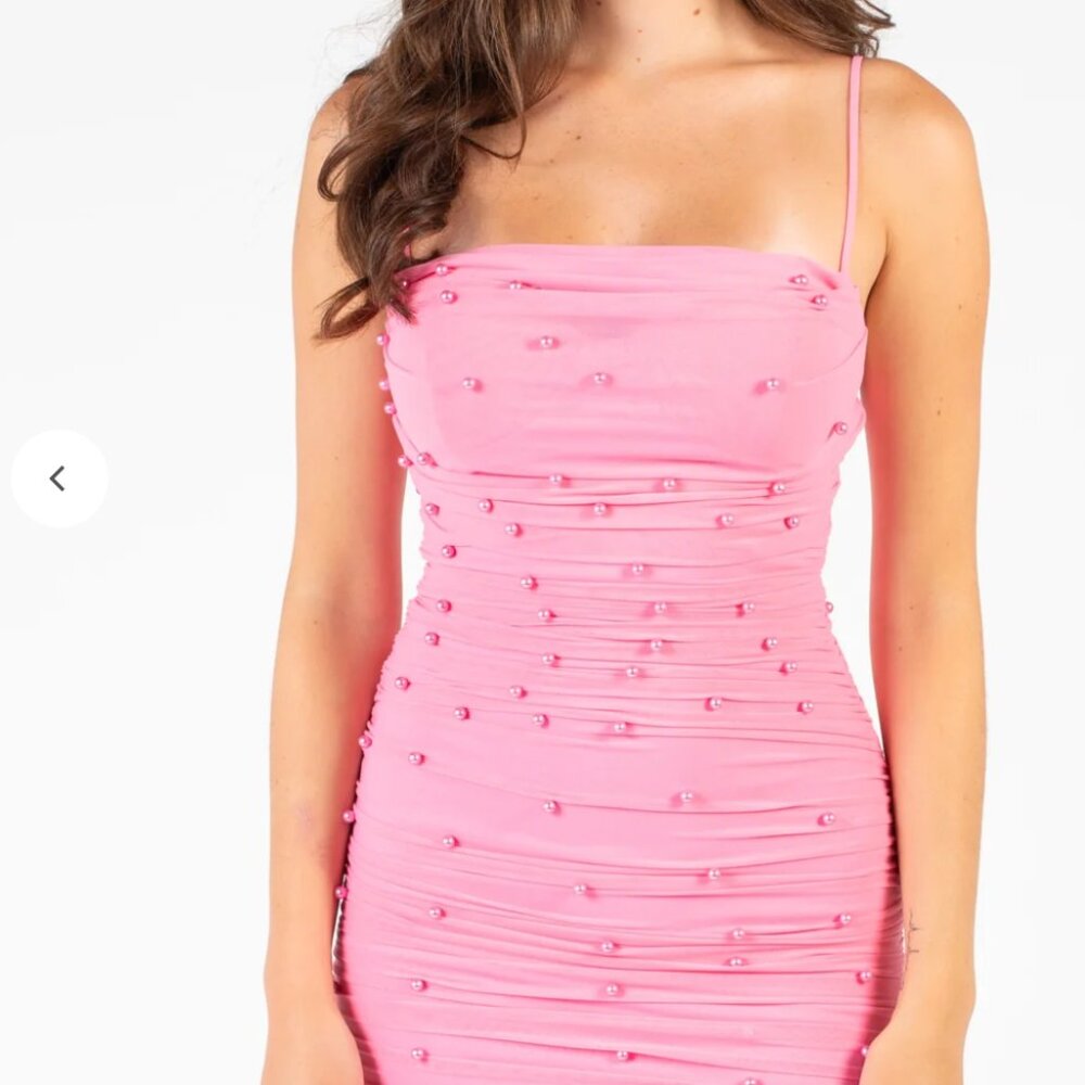 Noel Pearl Mesh Ruched Mini Dress - Pink